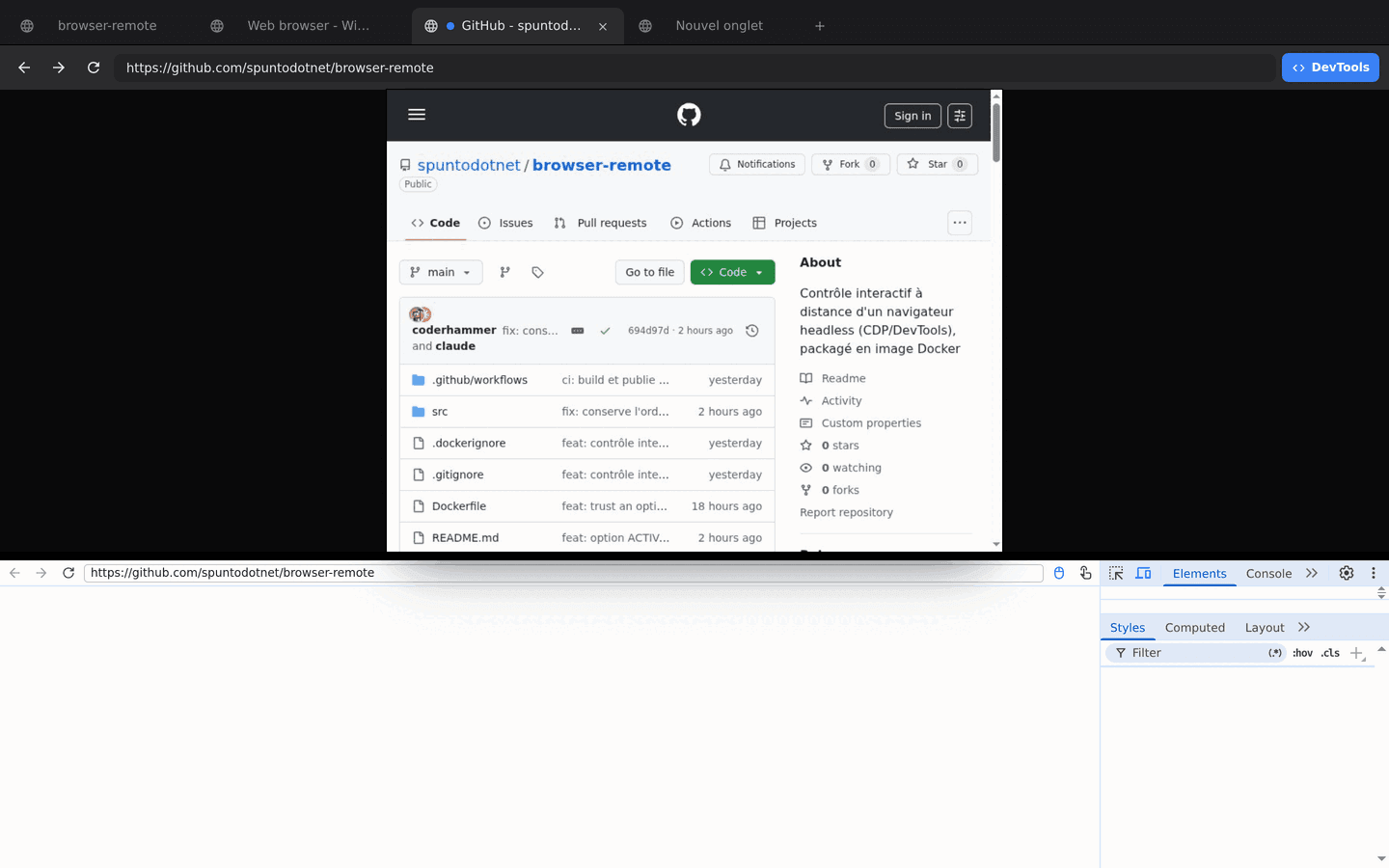 browser-remote with the DevTools panel docked on the right, Elements tab open, inspecting the live GitHub page