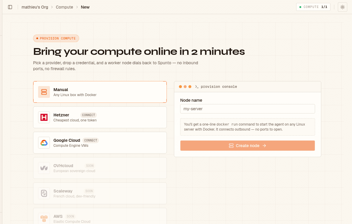 Provider picker — Manual, Hetzner, and Google Cloud are available; OVHcloud, Scaleway, and AWS are coming soon.