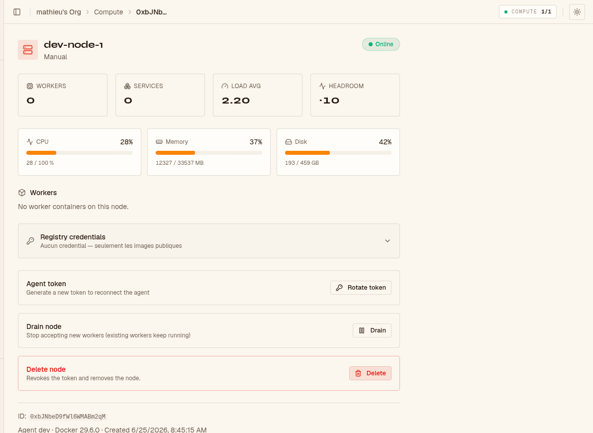 Node detail page showing dev-node-1 online with CPU, memory, and disk gauges.