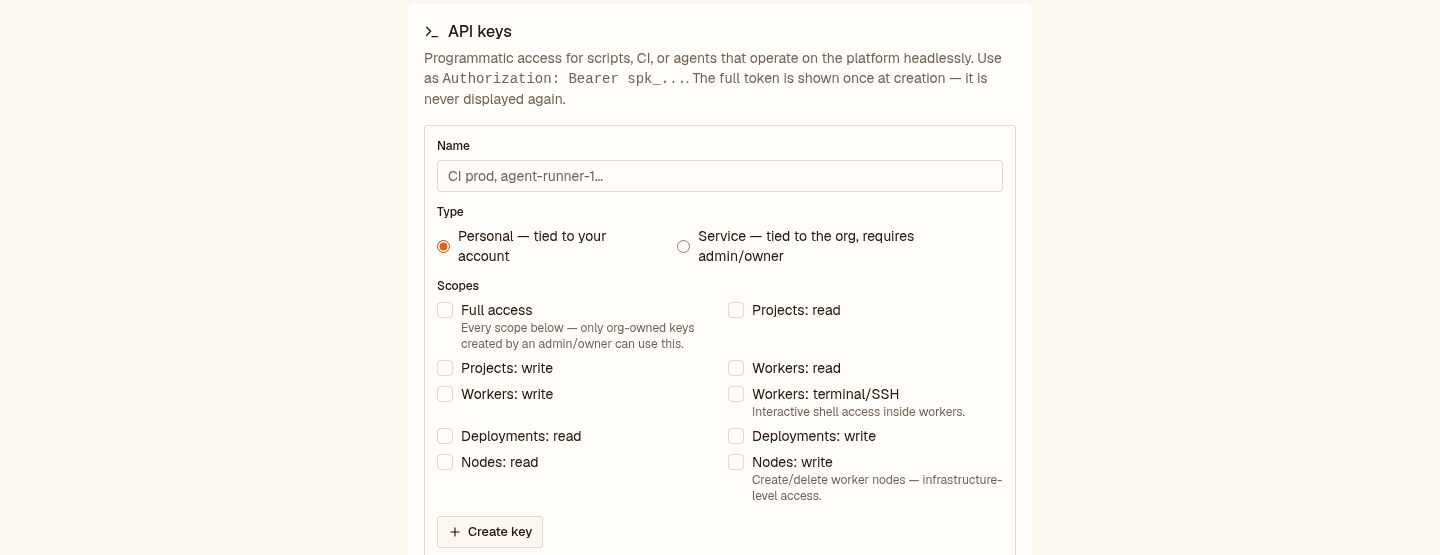 Spunto account settings showing the API key creation form with Workers: read and Workers: write scopes selected
