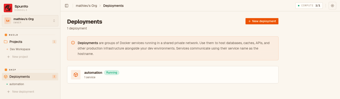 Spunto dashboard Deployments page showing the automation deployment, Running