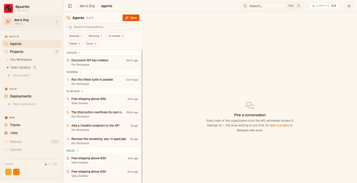 The Agents page: a left column listing seven conversations grouped under Queued, Running, In review, Failed and Done, each with its project name and age