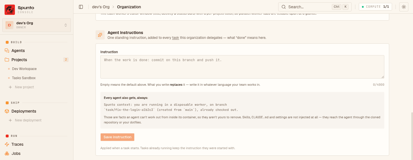 The Agent instructions card in organization settings: an empty text box showing the platform default as its placeholder, a character counter, and a panel listing the branch facts every agent gets regardless