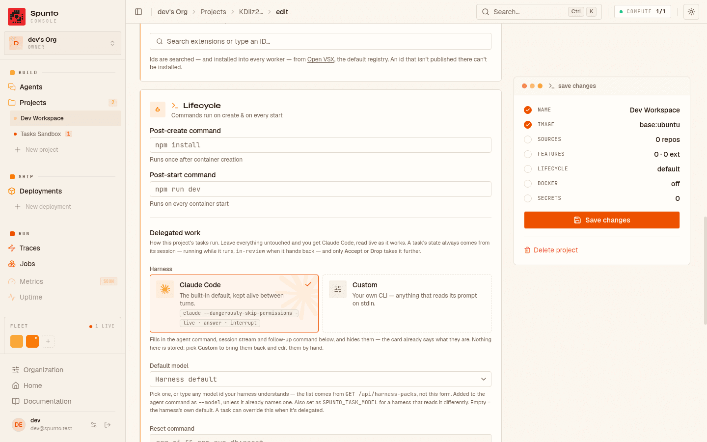 A project's Lifecycle section: post-create and post-start commands, then Delegated work with two harness cards — Claude Code, selected, and Custom