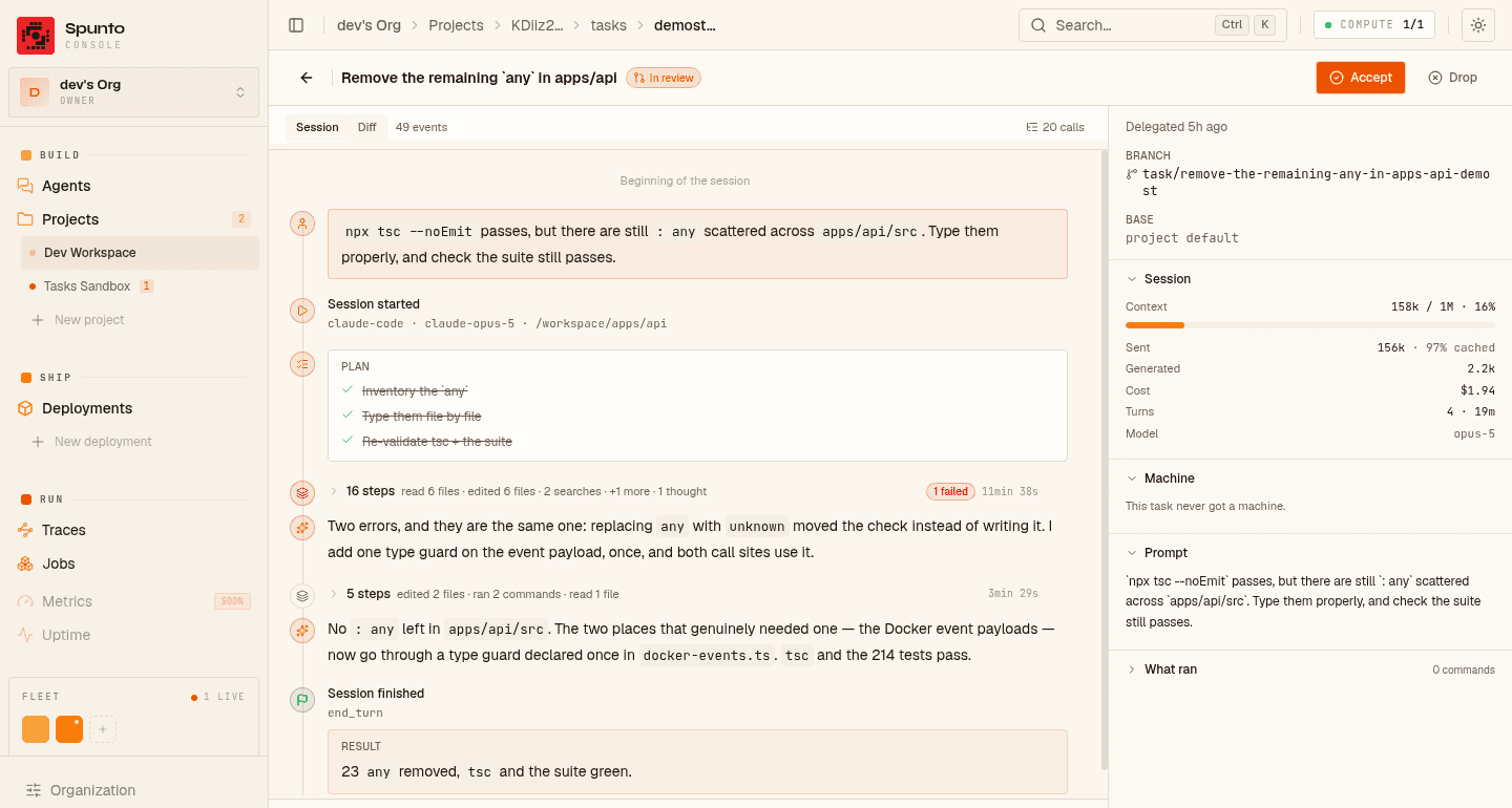 The same page for a longer task: forty-nine events shown as a plan, a folded row reading 16 steps, read 6 files, edited 6 files, 2 searches, 1 failed, then the agent's conclusion