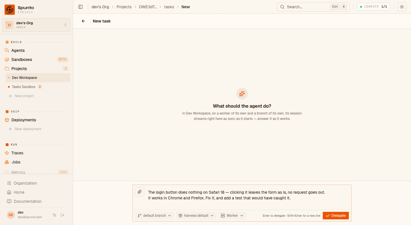A new task: an empty conversation asking what the agent should do, and at the bottom a prompt box with an attach button, chips for the base branch, the model and the machine, and a Delegate button