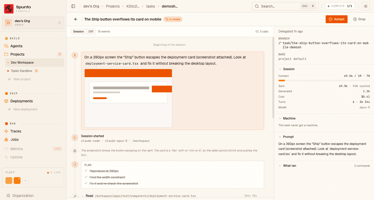 A task page: the conversation with the screenshot the user attached, the session header, the agent's thinking, its plan with three completed steps, and a tool call — with branch, context, cost and prompt in the right sidebar