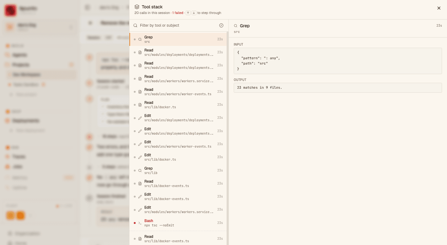 The tool stack sheet: a list of twenty calls on the left with one Bash call marked failed in red, the selected call's JSON input and output on the right