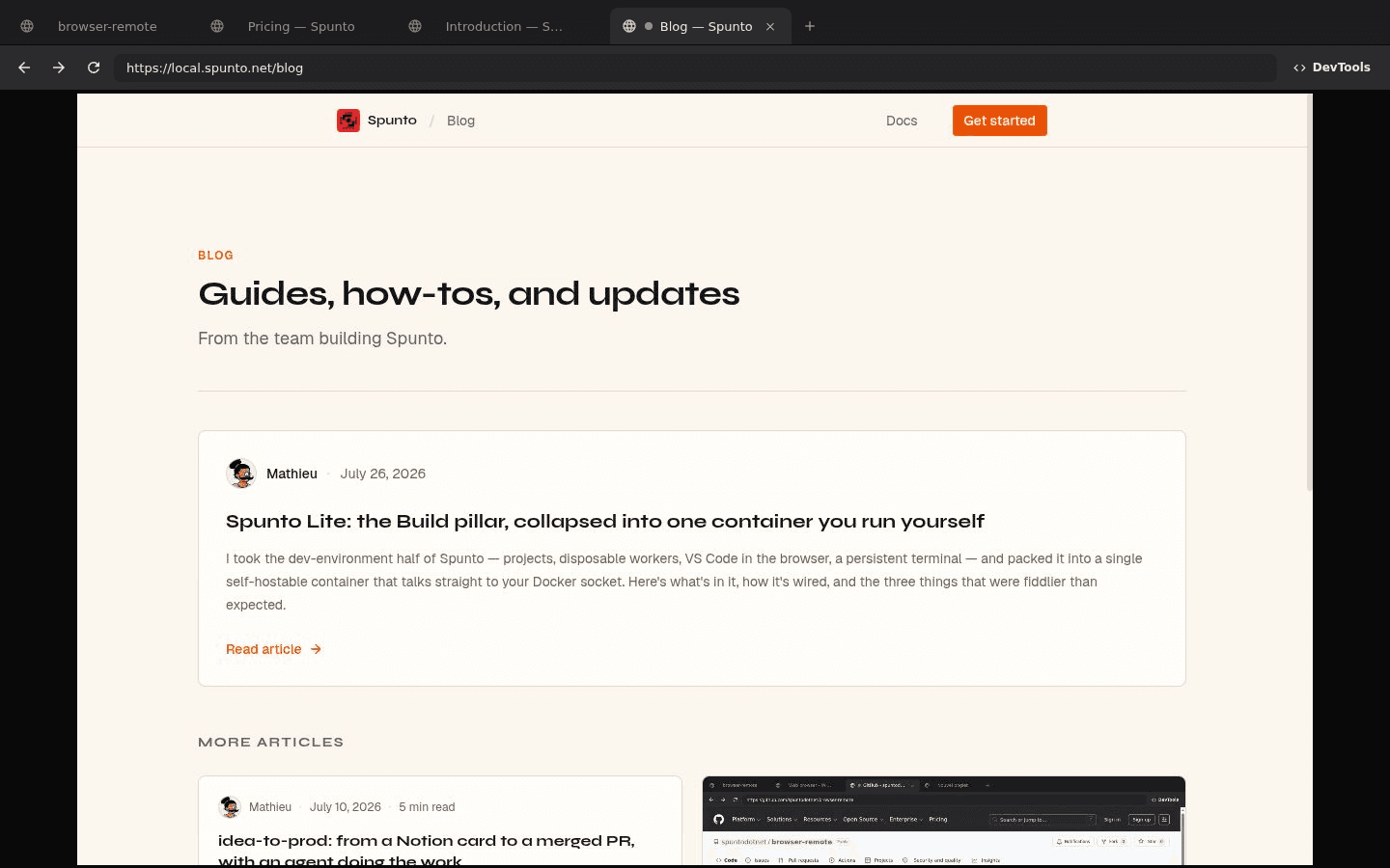 The Spunto Browser control UI: a tab bar with four tabs, an address bar, a DevTools button, and a live view of the Spunto blog