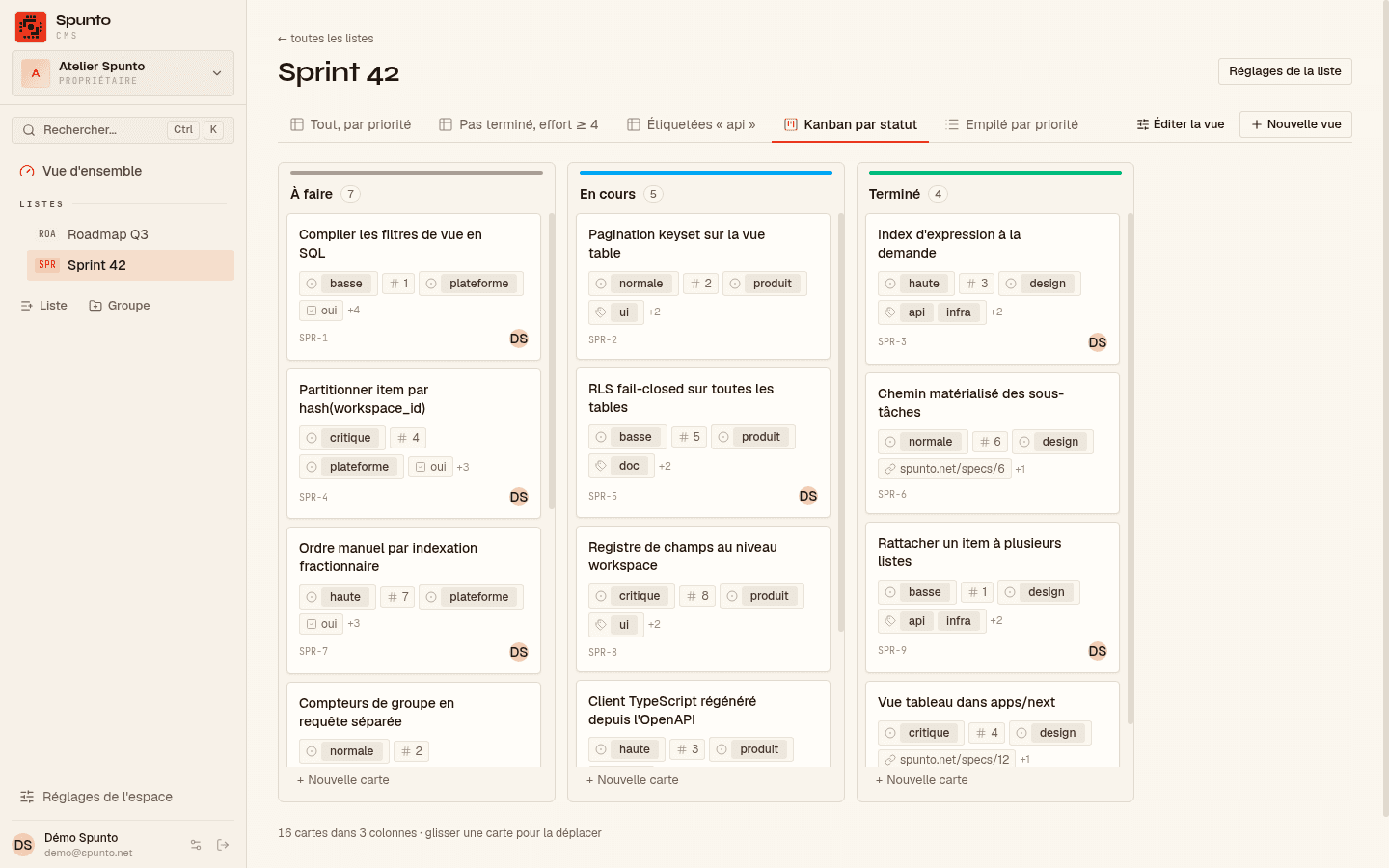 Spunto CMS: the Sprint 42 list as a kanban by status — To do, In progress, Done — with cards showing priority, effort, team, tags and assignee