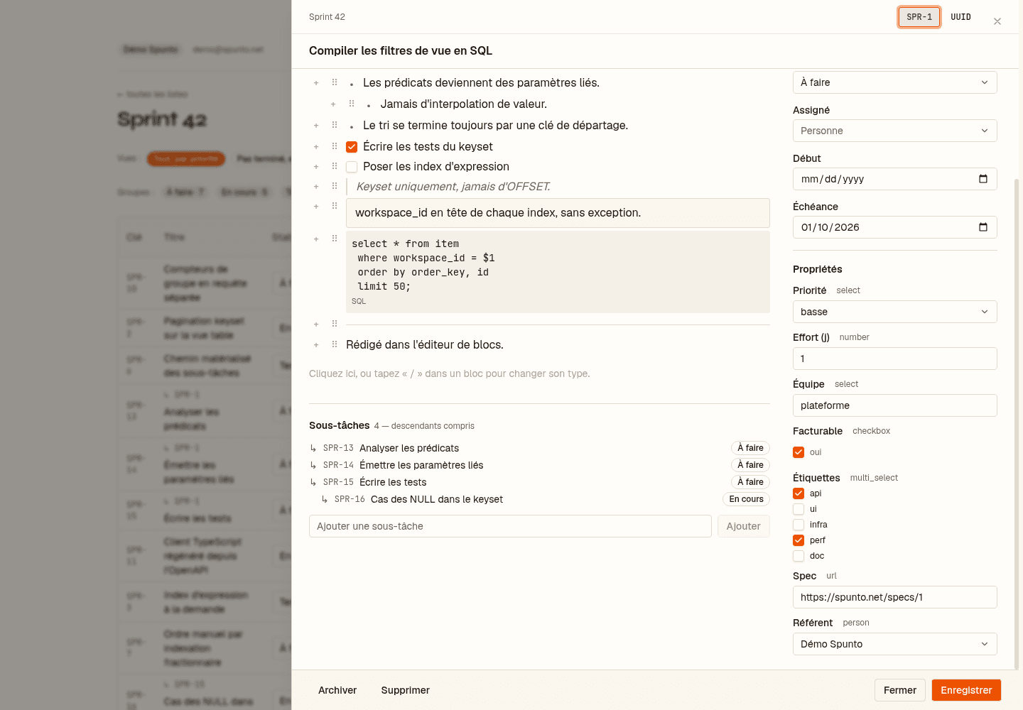 A card open in the side panel: a block body with bullets, to-dos, a quote, a callout and a SQL code block, subtasks below, and typed properties on the right