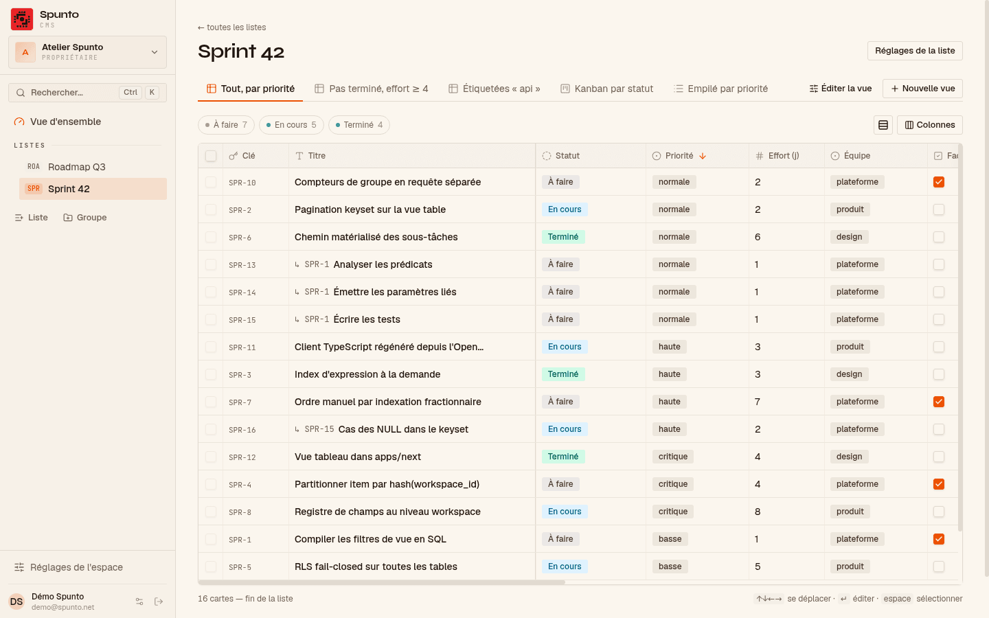 The same list as a table sorted by priority, with keys, titles, subtasks indented under their parent, statuses and typed columns